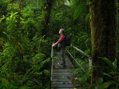 Mies seisoo sillalla Costa Rican viidakossa